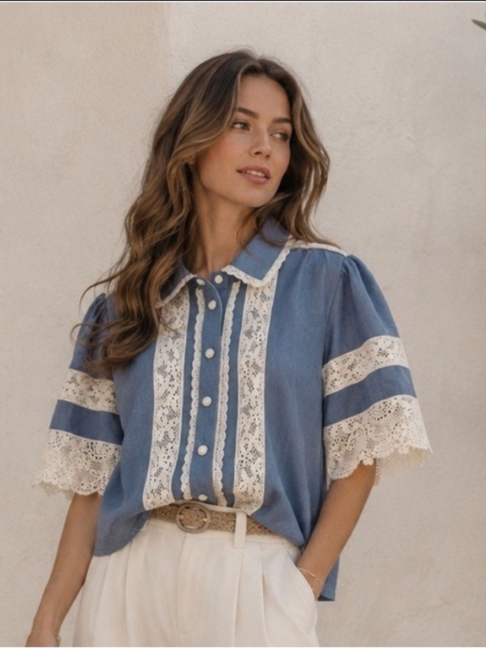 Caroline Constas Blue Lace Puff Sleeve Blouse Top XS